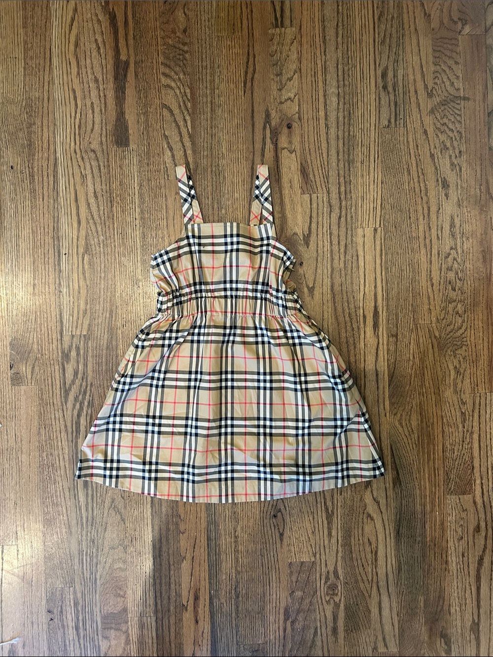 Burberry Tan Plaid Pinafore Dress with Black & Red Accents